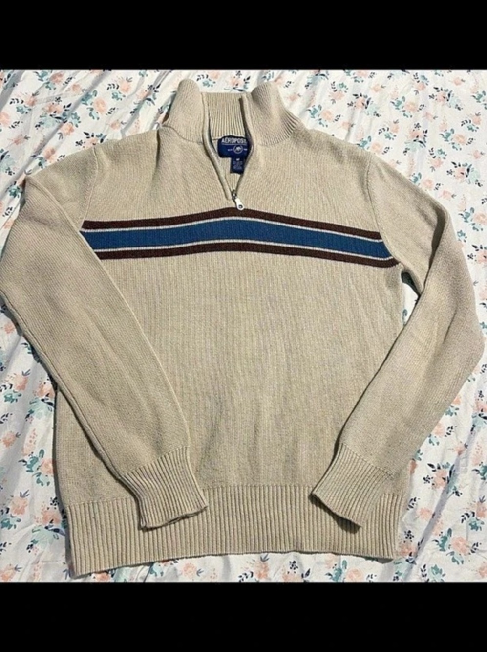 Aeropostale Sweater Mens Med 1/4 Zip Ribbed Knit Cream Blue Stripe Y2K Preppy